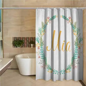 

Mia Odorless Waterproof Shower Curtain Frame of Flowers and Ferns Pattern with Handwriting Calligraphy Design Cursive Alphabet