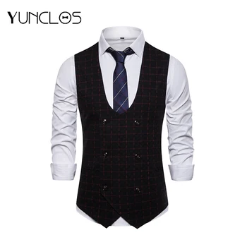 

YUNCLOS Navy blue Yellow Plaid Men Suit Vest New Business Casual Men Suit Vest No Sleeve Popular Men Suit Vest S-2XL