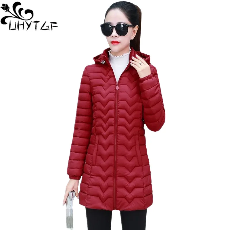 

UHYTGF 5XL Plus size jacket woman Hooded Thin and light winter Down cotton warm coat fashion wave Casual cotton parkas woman 265