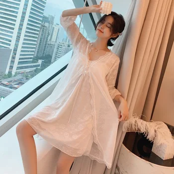 

Loose Retro palace Homewear Sexy Ladies 2PCS Lace Robe Sets Casual Princess Robe Suit With Breast pad Sweet Women bath robe