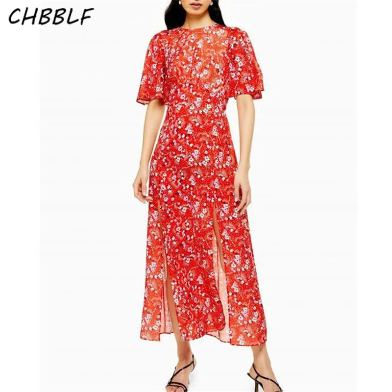 CHBBLF женское винтажное платье с принтом Короткие рукава-фонарики повседневное шикарное платье с разрезом vestido WDL1002