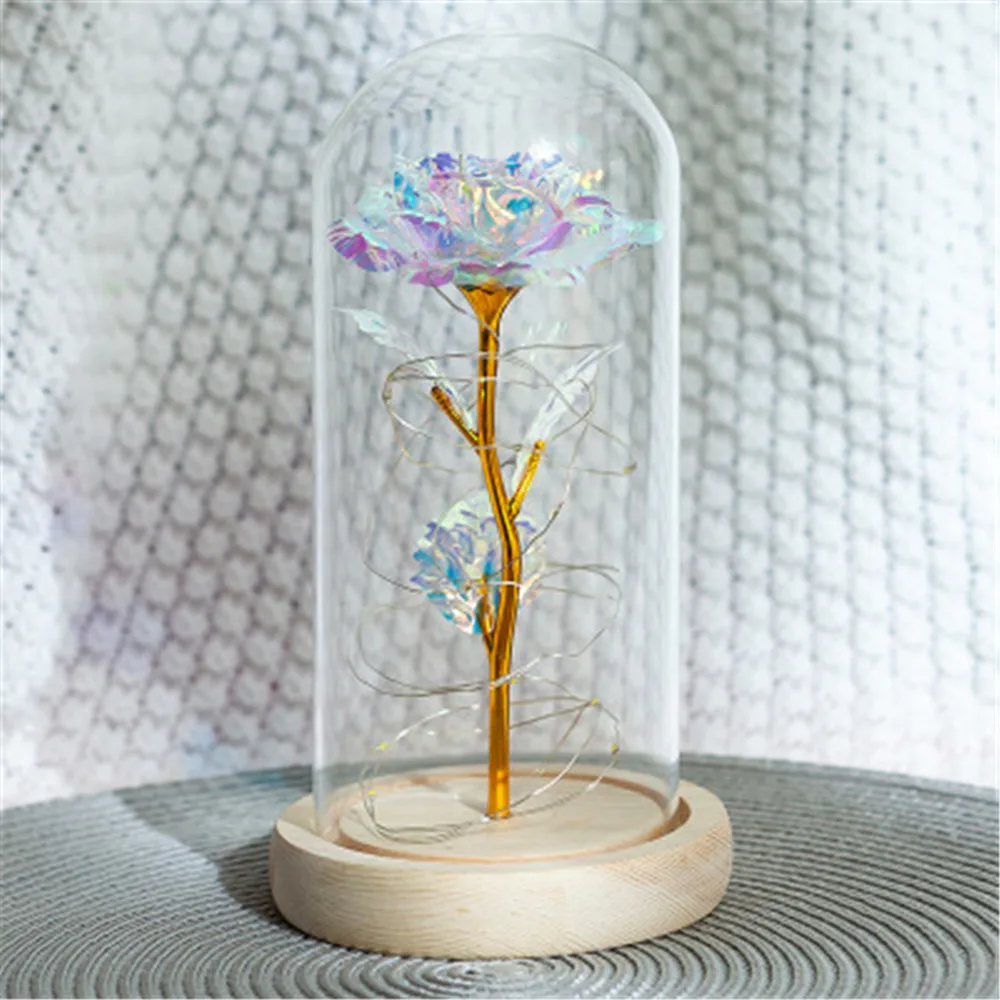 LED Light Artificial Flowers Enchanted Forever Rose Flower Gold Foil In Glass Dome Party Decorations Gift For Girls | Дом и сад