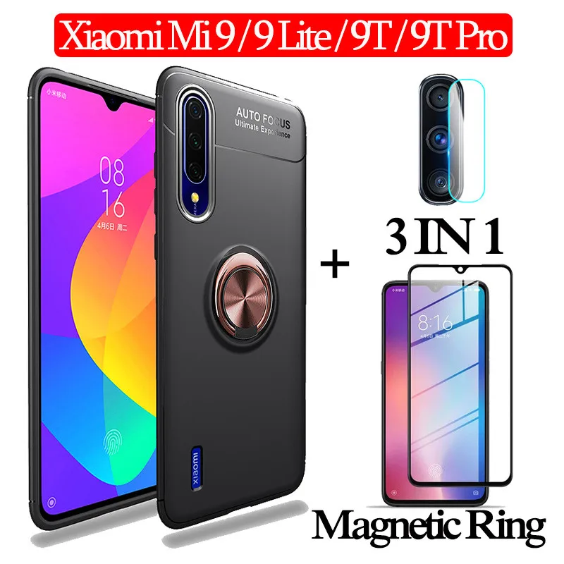 3-in-1 BlackRoseCase 3-в-1 стекло+ магнитом флип Силиконовое чехол сяоми ми 9 лайт чехол на Xiaomi Mi 9 Lite мягкий чехол на телефона Mi-9-Lite Pro 9T чехол полное покрытие чехол на ксиоми ми9 lite чехол Mi9 Lite магнитная кольцом чехол - Цвет: 3-in-1 BlackRoseCase
