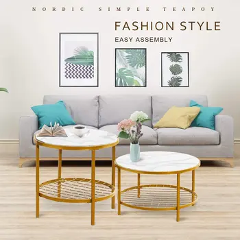 

1Set/ 2Pcs Coffee Table Tea Table Round Iron Combination Marble Magazine Shelf Small Table Movable Bedroom Living Room Furniture