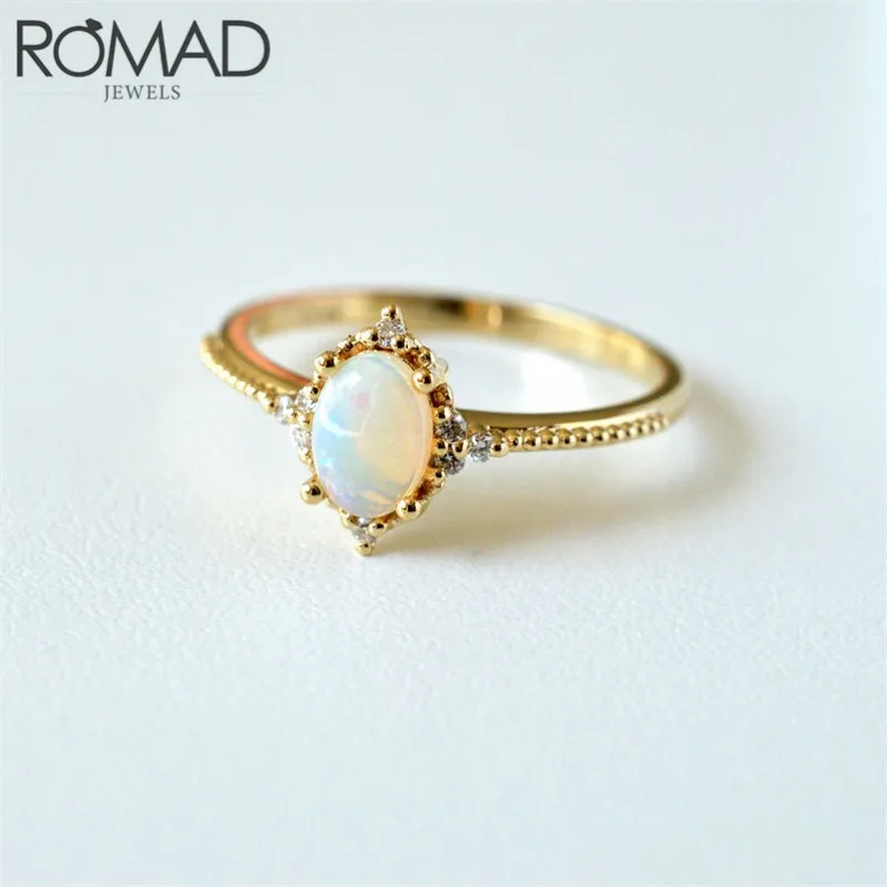 Gold ROMAD Dainty тонкие радужные огненные опал кольца для женщин ювелирные изделия винтажное Волшебное зеркало Дизайн свадебное кольцо нежные CZ хрустальные кольца - Цвет основного камня: Gold
