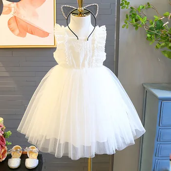 

White Children Fancy Lace Princess Dress Children Party Wedding Dresses Spring Summer Kids Girl Sleeveless Flower Dress For Girl