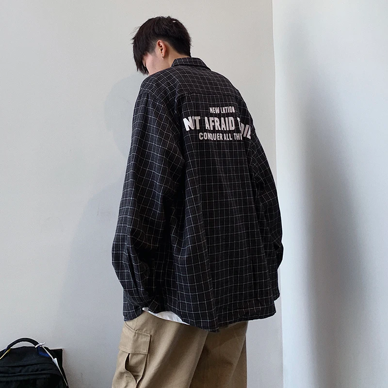 LAPPSTER мужские уличные рубашки в клетку Harajuku мужские модные рубашки белая рубашка с длинными рукавами на пуговицах негабаритная Повседневная 5XL - Цвет: Black