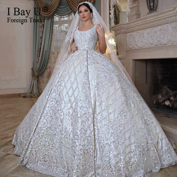 شراء100 سنتيمتر قطار طويل فستان زفاف فاخر 2020 مذهل كامل الخرز فستان الزفاف رداء فام Mariage رداء دي ماري العربية حجم كبير