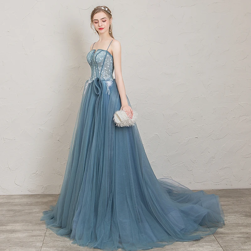 Robe De Soiree милое платье для выпускного вечера, длинное Тюлевое платье с аппликацией на бретельках, вечерние платья Vestidos De Gala