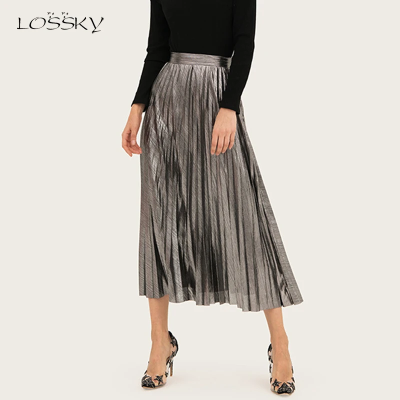 Lossky Pleated Skirt Women Autumn Winter A Line Korean High Waist Ladies Long Black Big Swing Midi Skirts Clothes High Street