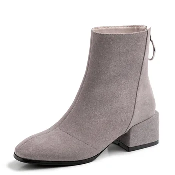 

Nature Suede Ankle Boots Women Autumn Winter 5cm Square Heel Back Zipper Shoes Lady G246 Black Gray Woman Square Toe Ankle Boots