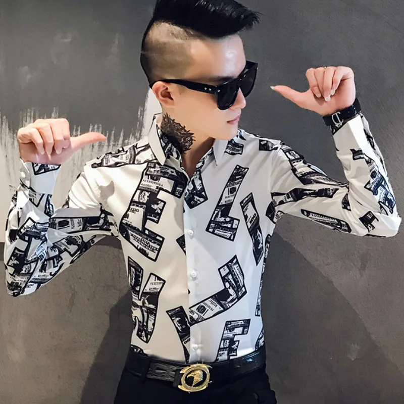 Рубашки мужские платья с длинным рукавом Повседневные рубашки Chemise Homme с буквенным принтом облегающие уличные рубашки мужская одежда