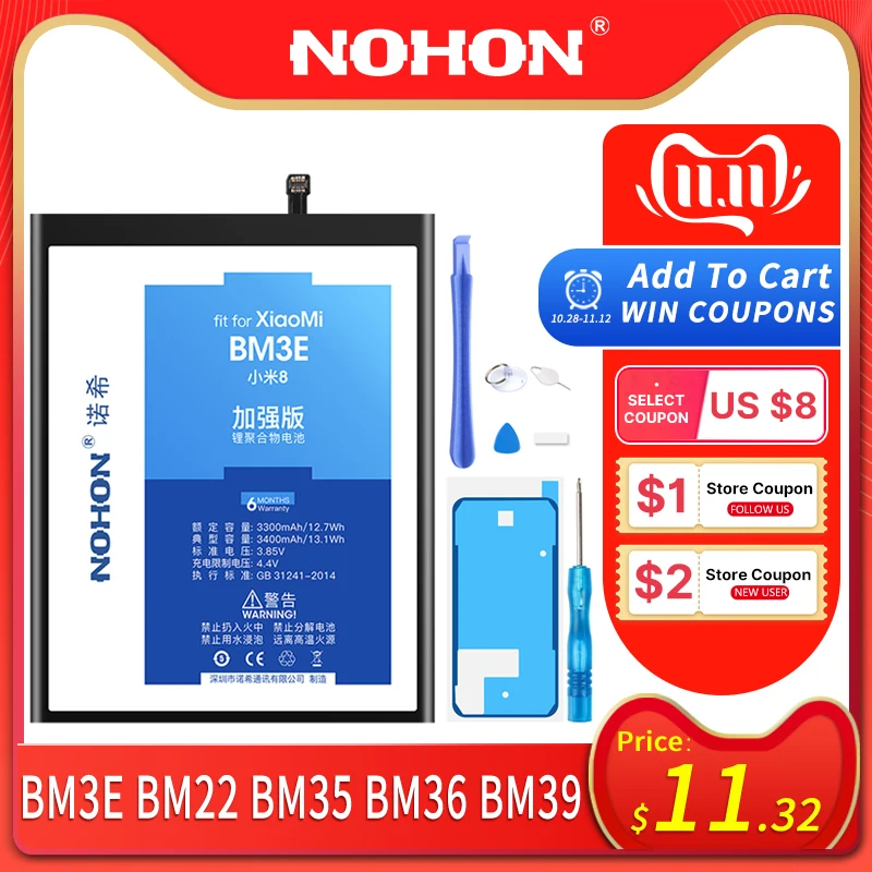 Billige NOHON Batterie Für Xiao mi mi 8 6 5 5 S 4C mi 8 mi 6 mi 5 mi 4C mi 5 S Ersatz Batterie BM22 BM35 BM36 BM39 BM3E Handy Bateria