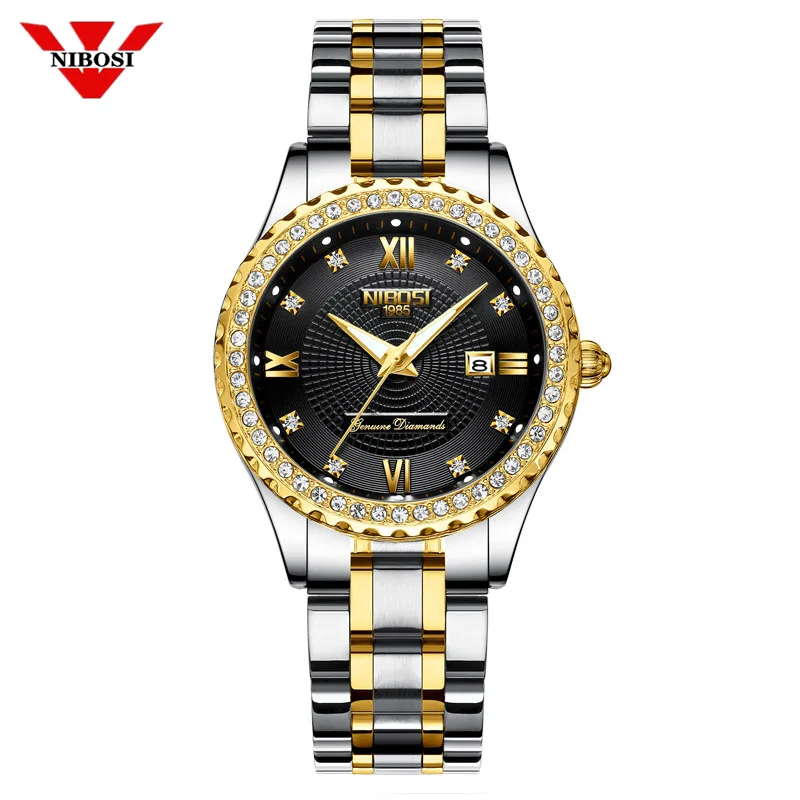 NIBOSI женские часы лучший бренд класса люкс золотые женские часы из нержавеющей стали ремешок классический браслет женские часы Relogio Feminino - Цвет: Черный