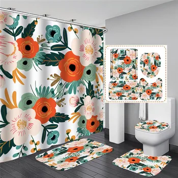 

Flowers Pattern Shower Curtain Mat Set Non Slip Rugs Carpet for Bathroom Toilet Bath
