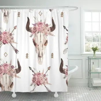 

Watercolor Boho of Arrows Bull Skull Horns Floral Arrangement Shower Curtain Waterproof Polyester Fabric 60 x 72 Inches