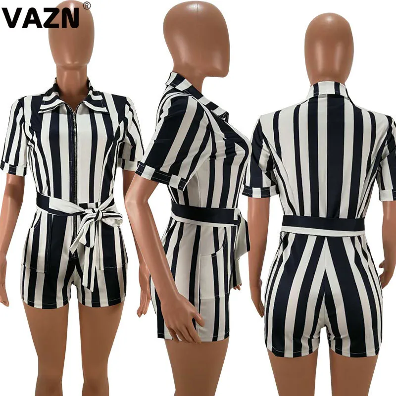VAZN GHM16094 шикарные летние сексуальные женские 3 цвета короткий комбинезон с коротким рукавом на молнии модные пояса полосатый комбинезон простой комбинезон