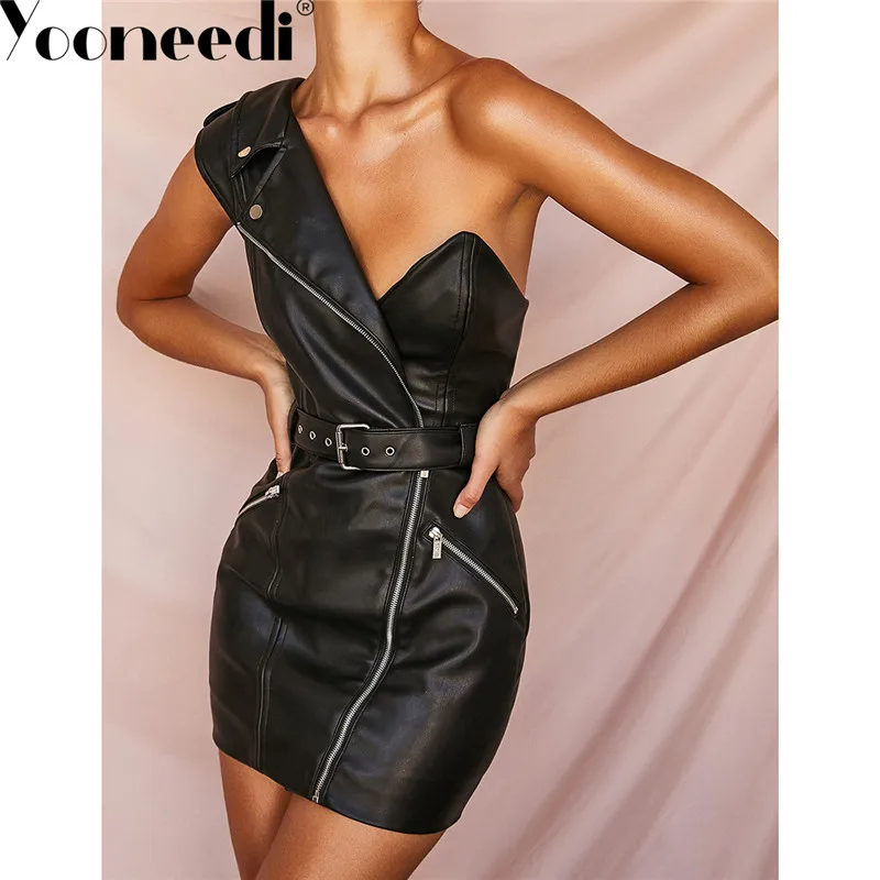 Yooneedi Best Quality New Arrival Women Dress Color Solid One Shoulder Strapless Ladies Mini Dress SDE10555 - Цвет: Черный