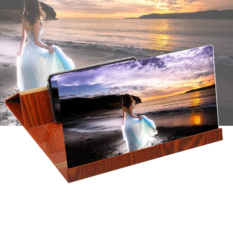 

12 Inch 4X Portable Brownish Red Wood Grain PMMA Fiberboard 3D Video Mobile Phone Screen Magnifier with Mobile Phone Bracket