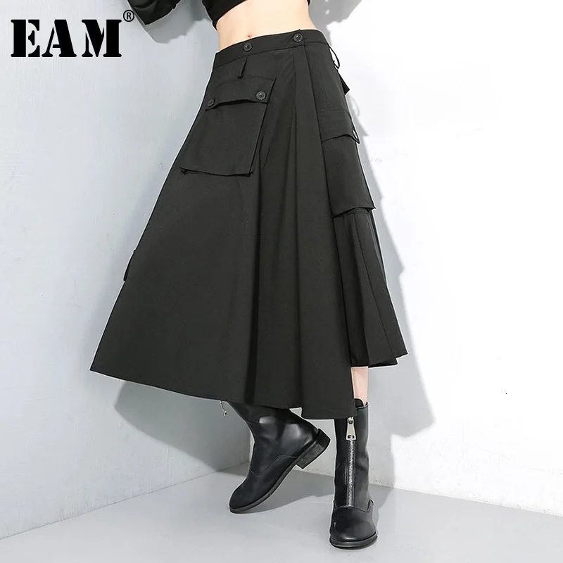 

[EAM] High Elastic Waist Black Button Split Long Temperament Half-body Skirt Women Fashion Tide New Spring Autumn 2020 1M099