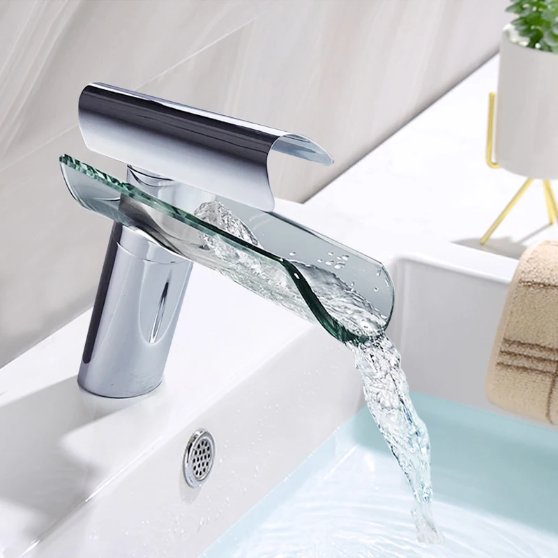 

Basin Faucet Waterfall Bathroom Deck Mounted Glass Spout Single Handle Mixer Tap Chrome Bathroom Hot Cold Water Tap
