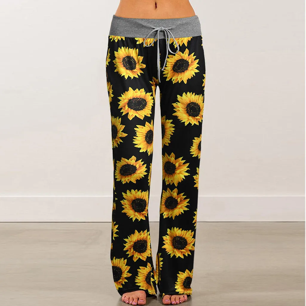 Womens Sunflower Print Drawstring Pants 