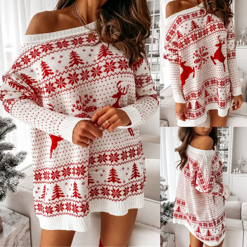

Women Christmas Dress For Winter Autumn Clothing Long Sleeve Pullover Loose Casual Party Mini Dress New Years Suit