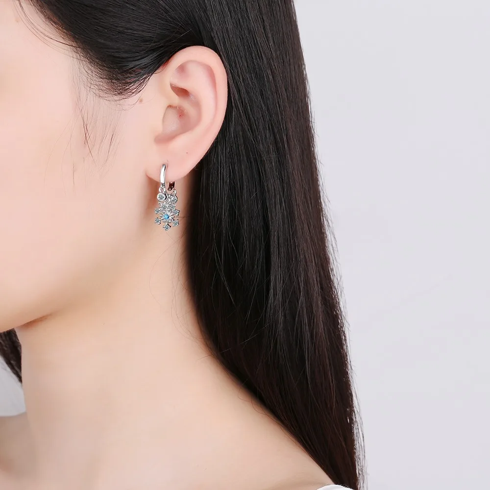Real 925 Sterling Silver Jewelry New Original Fashion Crystal Snowflake Drop Earrings For Women FQL22176