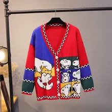 Женские свободные свитера осень Харадзюку мультфильм собачий кардиган одинакового цвета Трикотажное изделие с вырезом в форме буквы V Зима японский стиль джемперы