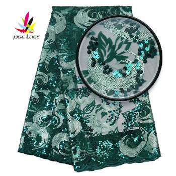 

Latest African Net Lace Fabric With Sequins 2019 Hot High Quality French Tulle Mesh Lace Fabric With Embroidered leaves AMY3027B