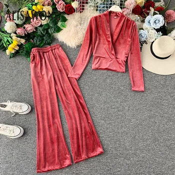 

Autumn Winter Fashion 2 Piece Sets 2019 Women Korean V Neck Long Sleeve Shirt Top+High Waist Bell-bottoms Woman Velvet Suits