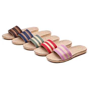 

High Quality New Womens Slippers Fashion Anti-slip Linen Home Indoor Open Toe Flat Shoes Beach Slippers Chanclas De Mujer Playa