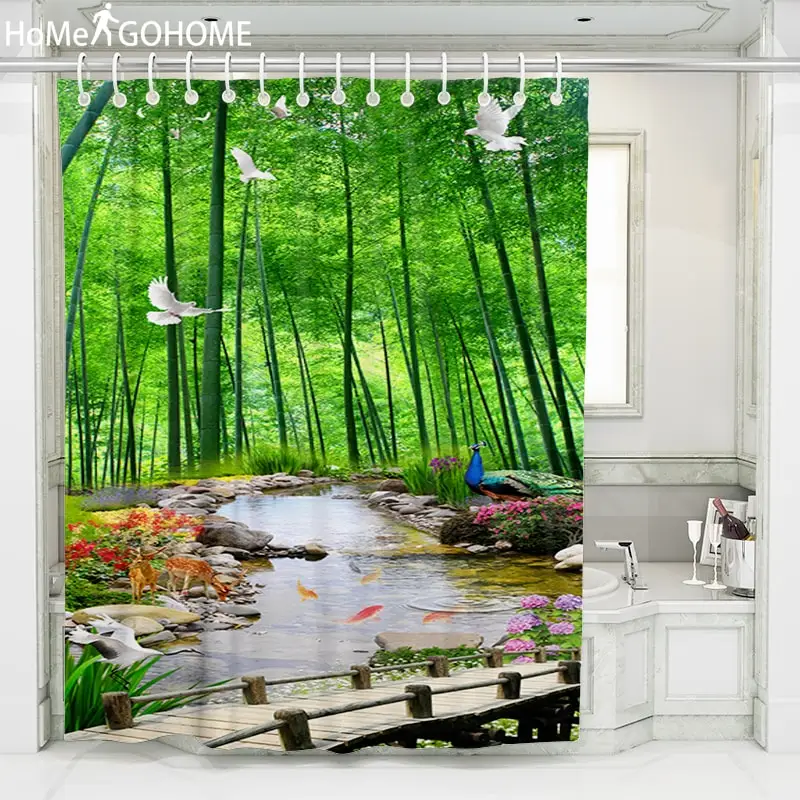 

Bathroom Curtain Bamboo Forest Peacock Stream Landscape Shower Curtain Waterproof Fabric Bath Curtain rideau de douche 180x200cm