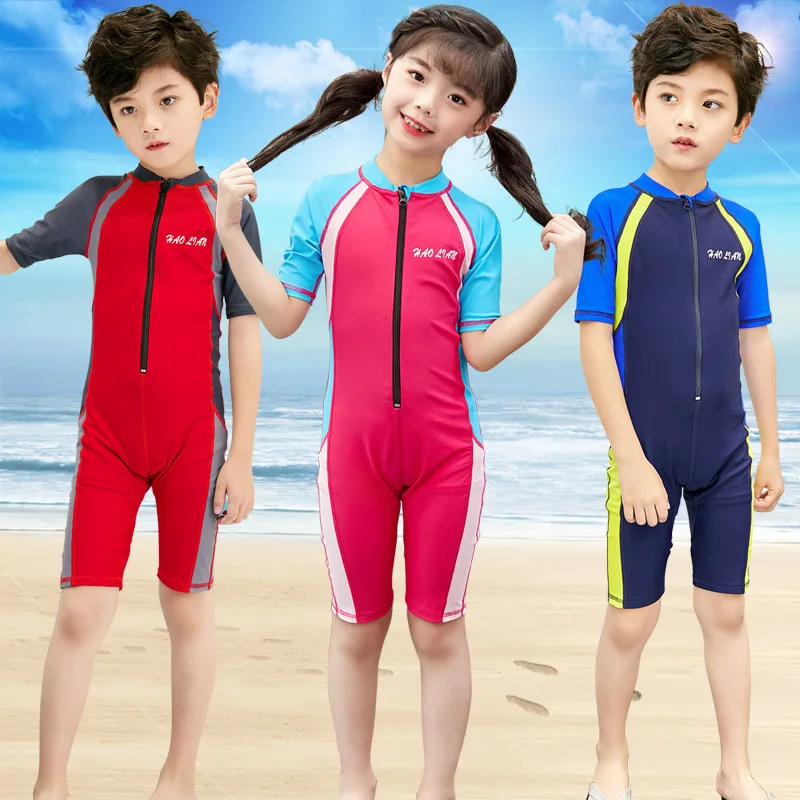 

Children's Swimsuit Kids Girls 2019 For Child Swimwear Girl Children Boys New One Piece Baby Short Long Sleeve Solid Polyester