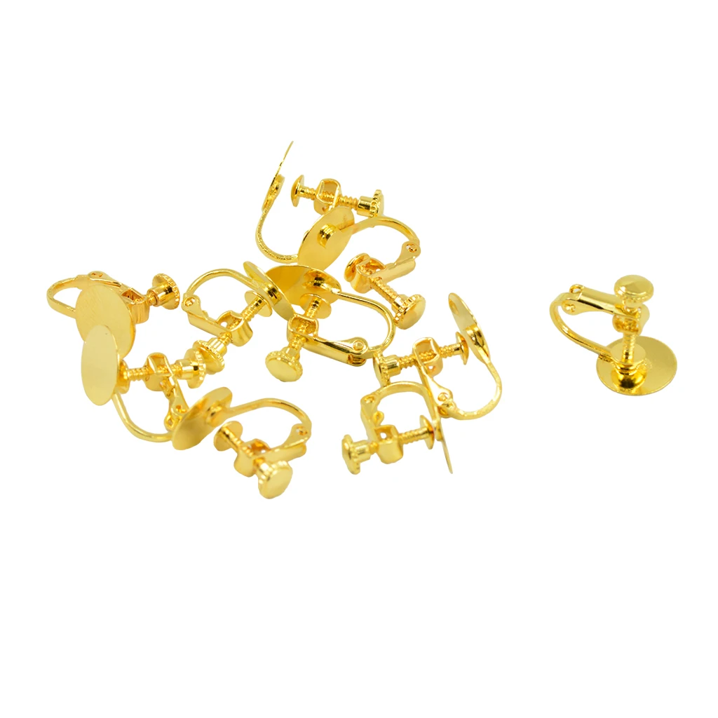 20pcs Gold silver color Tone Blank Earrings Bases with 12mm Flat Glue Pad Clip On Screw Earring Jewelry Findings for Non Pierced Ears