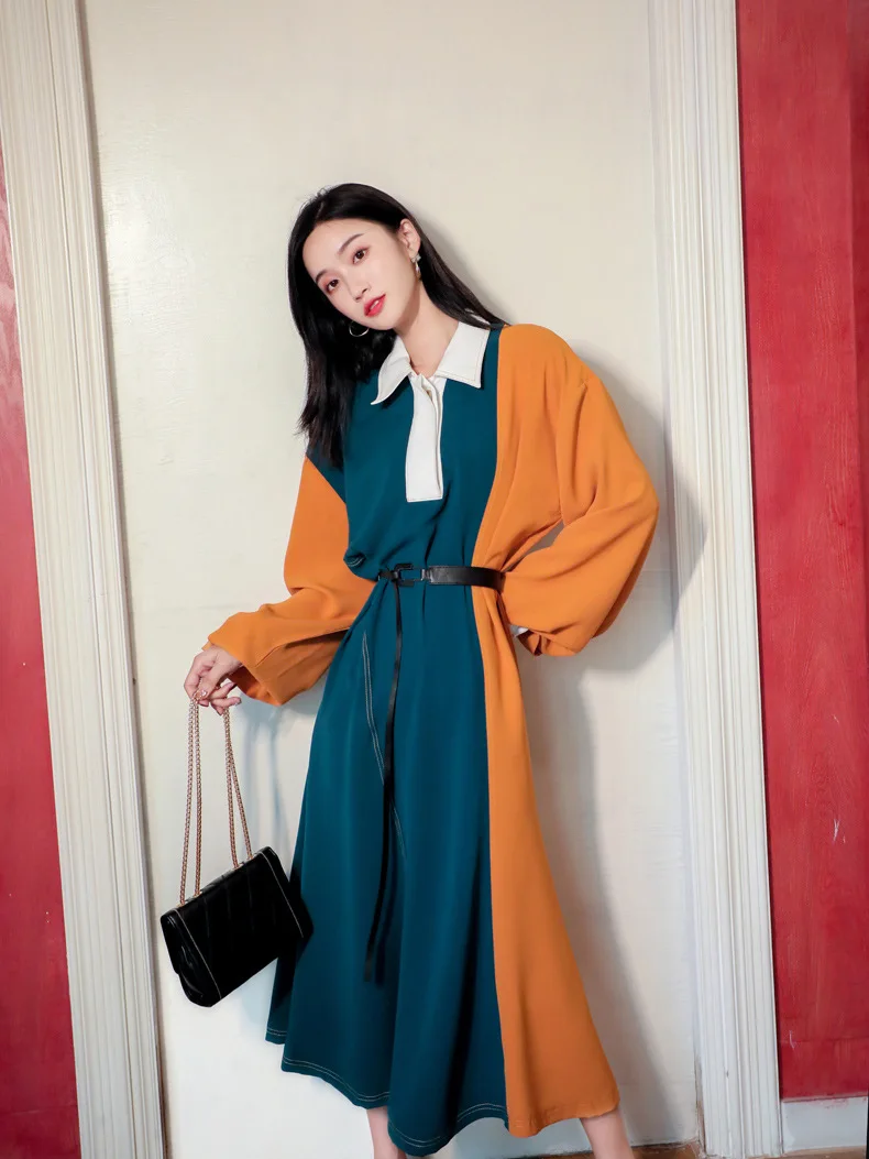 Neploe New Spring Autumn Patchwork Contrast Color Long Dress Turn Down Collar Lantern Long Sleeve Design Vestido Loose Ropa