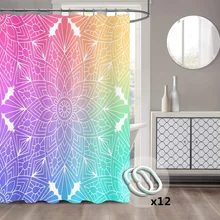 

Mandala Flowers Shower Curtain,Ethnic Flower Pattern Rainbow Gradient Family with Hooks Fabric Bathroom Shower Curtain Decor