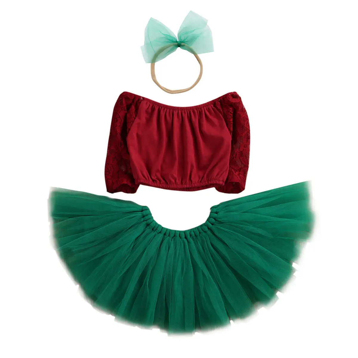Милый Рождественский комплект одежды для маленьких девочек, новогодние кружевные топы с открытыми плечами для новорожденных девочек, зеленые юбки-пачки, рождественские наряды