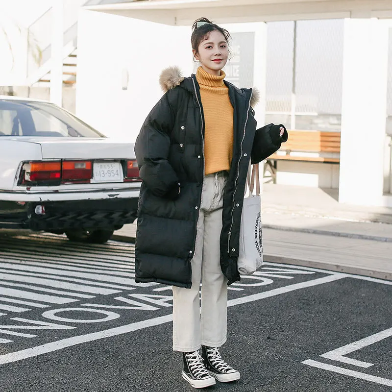 

2019 Winter New Style Mid-length Genuine Fur Collar Cotton Coat Women's down Coat Warm Coat Overcoat down Jacket
