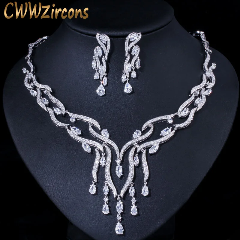 White Cwwzircons роскошные белые кубические циркония с длинной большой кисточкой падение Свадебная вечеринка Ожерелье Серьги Комплекты украшений для женщин невесты T357 - Окраска металла: White