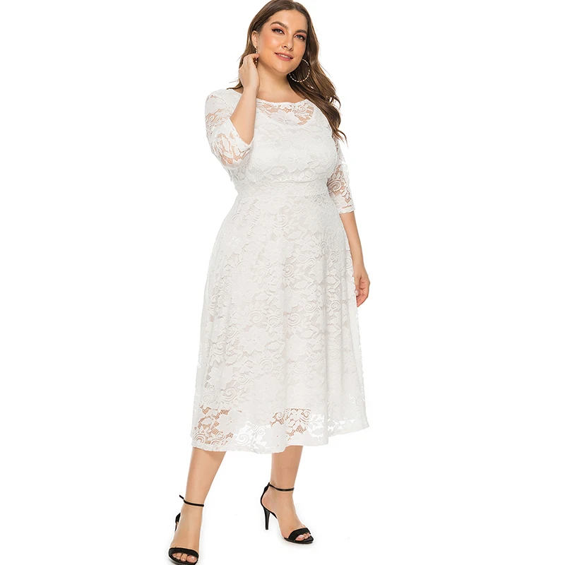Осеннее платье женское 5XL 6XL плюс размер платье Вязание крючком кружева выдалбливают o-образным вырезом узкие рукава до локтя женские вечерние платья черный белый