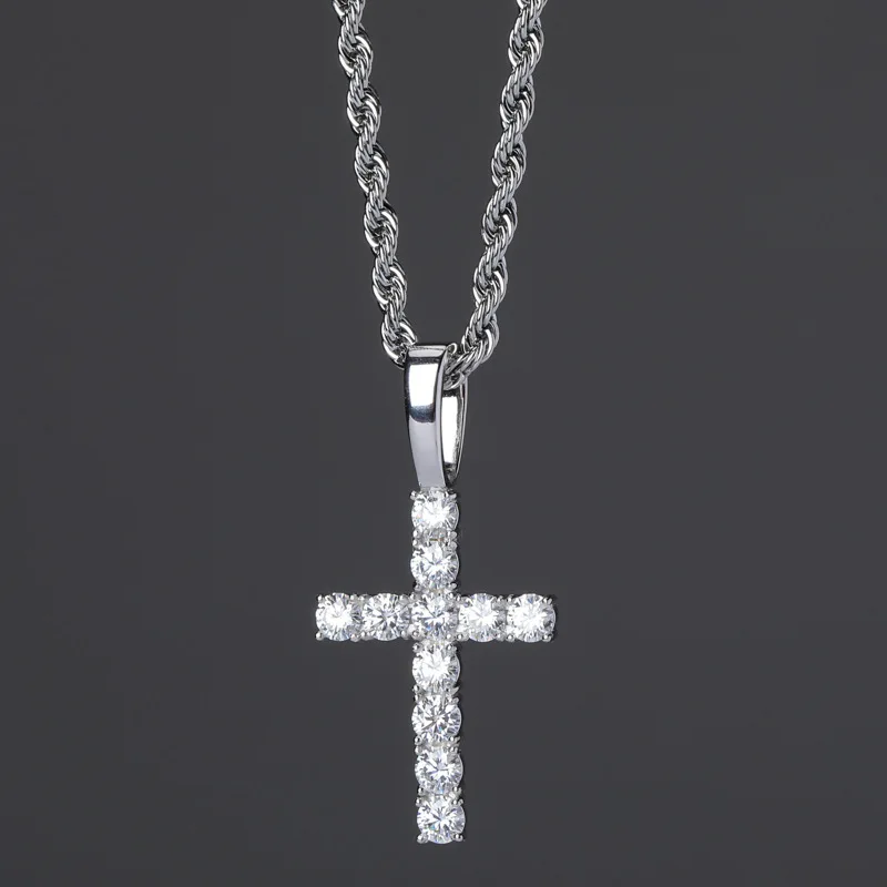 S925 стерлингового серебра зубец Установка Moissanite Bling Ice Out крест подвески ожерелья для женщин мужчин хип хоп раппер ювелирные изделия - Окраска металла: Silver