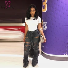 Модные джинсовые женские брюки-скинни Ретро рваные джинсы Широкие брюки отверстие случайный звонок-Брюки расклешенные брюки женские