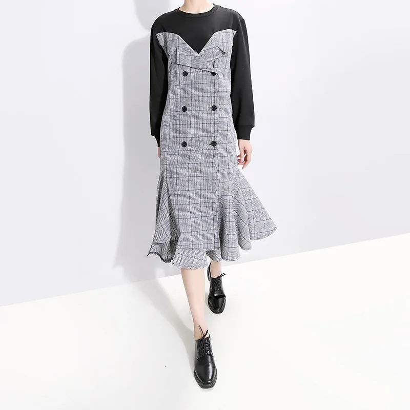 TVVOVVIN Europe Temperament Fashion Women Dress Cotton Casual Plaid Long Sleeve Ladies Dress Autumn New Women Clothing B223
