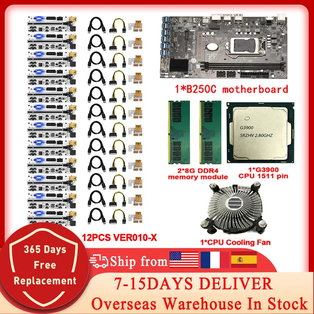 B250C Mining Rig Motherboard 12 USB 3.0 G3900 CPU VER009C/010-X 1x 8x 16x PCIE RISER Support 12 GPU Graphics Card BTC ETH Miner 1