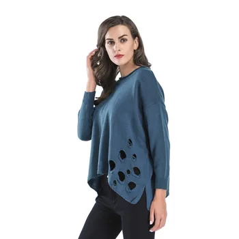 

Women Side Split Hole Irregular Sweater Autumn Winter O Neck Loose Knitted Top Femme Casual Pullovers Khaki Green Wine Red Blue