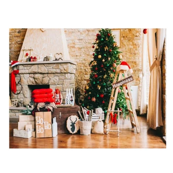 

7X5Ft Photography Background Christmas Hat Fireplace Christmas Tree Photo Studio Background Cloth