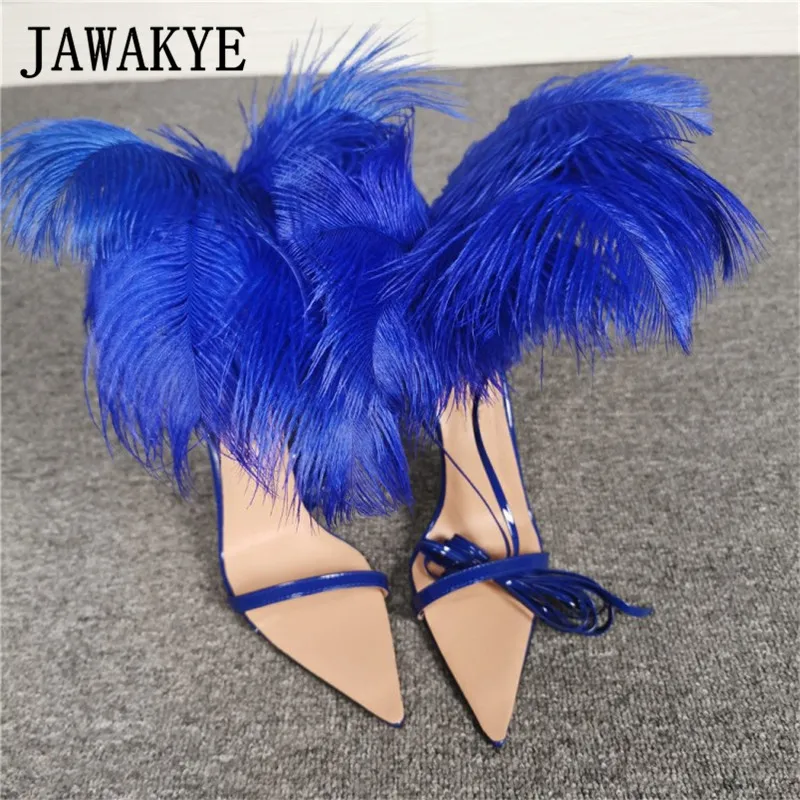 blue JAWAKYE; цвет красный, синий, черный; Босоножки на каблуке с перьями; женские танцевальные туфли на высоком каблуке-шпильке с острым носком; женские босоножки на меху; обувь для вечеринок - Цвет: blue