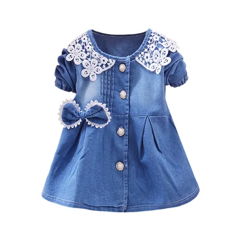 

Baby Girls Denim Dress Flowers Lace Patchwork Bow Ruched Newborns Sweet Long Sleeve Princess Dresses Button Clothes 6-24M A20