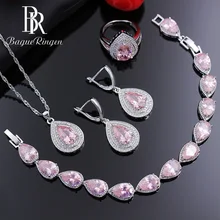 Bague Ringen трендовые серебряные 925 Ювелирные наборы для женщин в форме капли воды розовое кольцо с камнями серьги ожерелье браслет свадьба